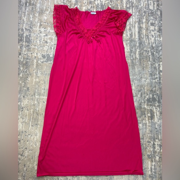 Vintage Hot Pink Fascination Nylon Satin Lace Nightgown Large - Picture 2 of 6